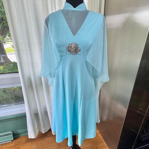 Vintage 70s dress, aqua blue, beaded applique, capelet and train, high mockneck - Picture 1 of 10